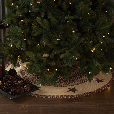 Burgundy Tan Jute Stencil Stars Christmas Tree Skirt 48 VHC Brands - The Fox Decor